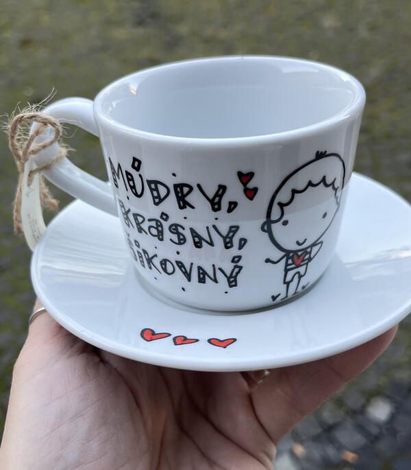 Porcelánová šálka s podšálkou - Múdry, krásny, šikovný - chlapec